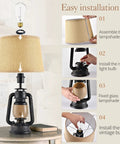 Rustic Lantern Table Lamps Pair 21 Inch Tall Farmhouse Style Lamps With Vintage Coffee Brown Glass Shade For Living Room Nightstand End Table Bedroom Setup 4 Bulbs Included easy installation steps