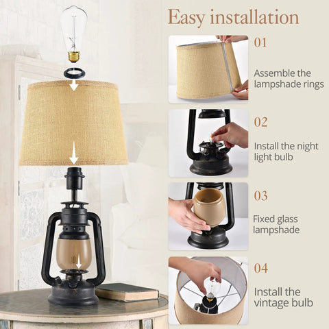 Rustic Lantern Table Lamps Pair 21 Inch Tall Farmhouse Style Lamps With Vintage Coffee Brown Glass Shade For Living Room Nightstand End Table Bedroom Setup 4 Bulbs Included easy installation steps