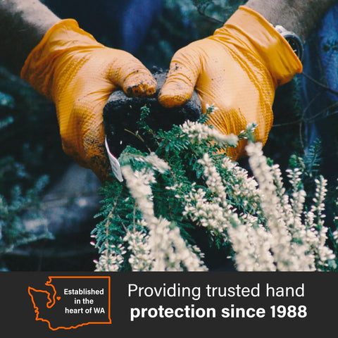 Orange Nitrile 8 Mil Heavy Duty Gloves With Raised Diamond Grip For Mechanics XL being used for gardening