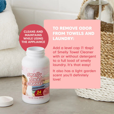 Odor Busting Washer And Towel Cleaner With 24 Treatments, Eco Friendly And Septic Safe bottle with instruction text on table