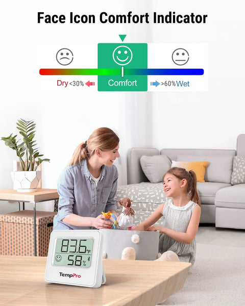 Bluetooth Digital Hygrometer Indoor Thermometer With 260 Ft Range And Comfort Icons No Fuss Dry Comfort Wet For Quick Humidity And Temperature Readouts At Home Or Office on table