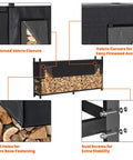 8 Foot Heavy Duty Firewood Rack With Waterproof Cover featuring reinforced Velcro, secure fastening, and dual stability screws.