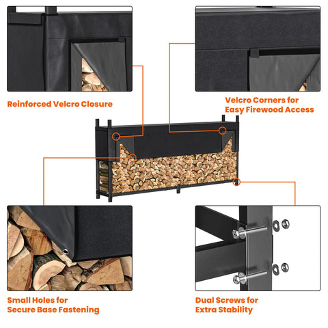 8 Foot Heavy Duty Firewood Rack With Waterproof Cover featuring reinforced Velcro, secure fastening, and dual stability screws.