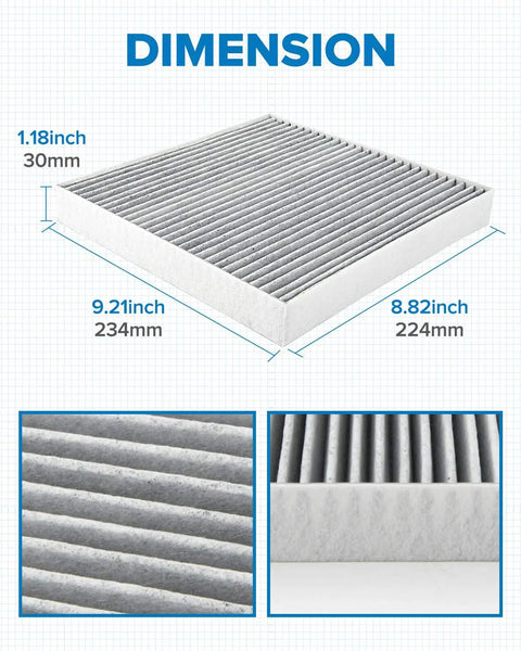 Activated Carbon Cabin Air Filter dimensions for Honda and Acura vehicles, CF10134, 1.18x9.21x8.82 inches, pollutant removal