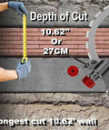 Depth of Cut measurement showing 10.62 inches or 27cm on brick using Absolute Beast 9500W Brushless Concrete Ring Saw.