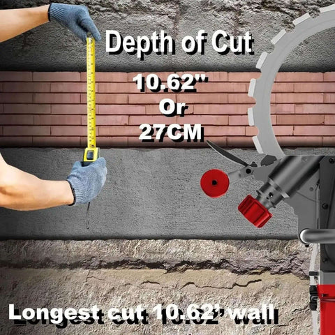 Depth of Cut measurement showing 10.62 inches or 27cm on brick using Absolute Beast 9500W Brushless Concrete Ring Saw.