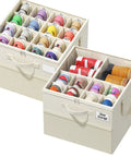 Plus Size 2 Pack Shoe Organizer For Closet Featuring Foldable Fabric Boxes Holds A Massive 24 Pairs Vertically in beige storage cubes.