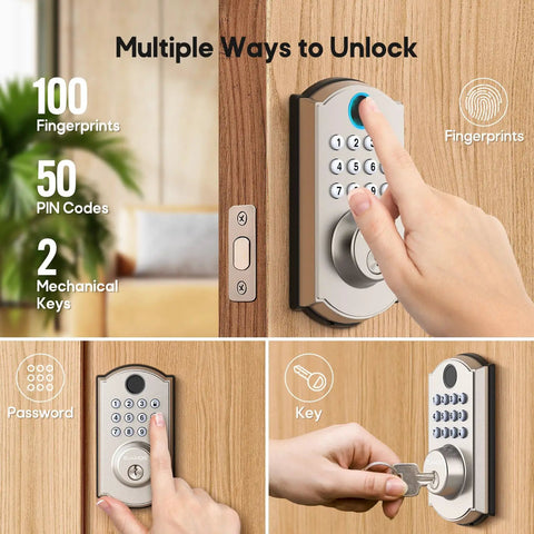Legit Heavy Duty Fingerprint Door Lock For Front Door Storing 100 Fingerprints 50 Pin Codes And Two Spare Keys smart lock in use with keypad and hand.