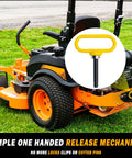Heavy Duty Magnetic Hitch Pin One Half Inch For Lawn Mowers And Trailers One Handed No Fuss Easy Hook On Off No Rust Strong Magnet Gate Pin For ATVs Lawn Tractors Towing Cargo Fits Standard One Half Inch Receivers Yellow installed on lawn mower.