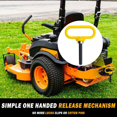 Heavy Duty Magnetic Hitch Pin One Half Inch For Lawn Mowers And Trailers One Handed No Fuss Easy Hook On Off No Rust Strong Magnet Gate Pin For ATVs Lawn Tractors Towing Cargo Fits Standard One Half Inch Receivers Yellow installed on lawn mower.