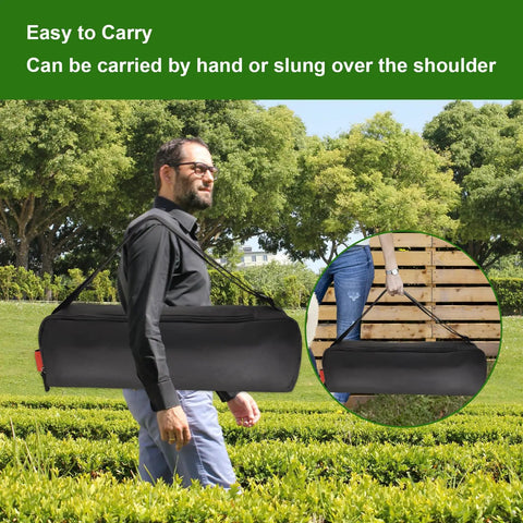 Man carrying 20 Inch Grill Tool Organizer Bag Heavy Duty Waterproof 600D Oxford Folding Storage over shoulder in park.