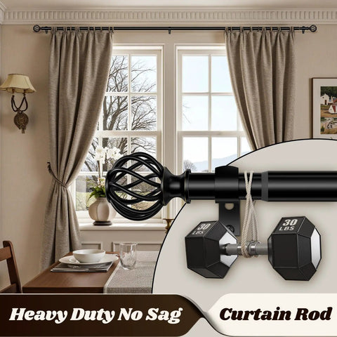 Matte Black Adjustable Curtain Rod 48 To 90 Inches Heavy Duty 1 Inch Drapery Rod installed above window, holding curtains