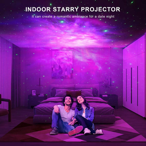Nebula Star Projector Galaxy Light With Remote And Timer, Astronaut Night Light illuminating bedroom with purple nebula sky.