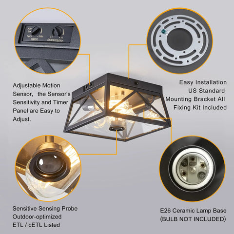 Adjustable Outdoor Motion Sensor Ceiling Light With Ten Inch Flush Mount Sleek Square Modern Industrial Design Two Light Clear Glass
