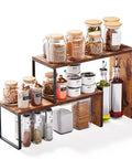 Kitchen Countertop Organizer And Spice Rack For Pantry And Coffee Station Space Saver Stackable Cabinet Shelves Rustic Wood Brown Finish No Fuss Easy To Assemble with jars and spices