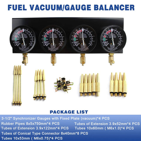 Motorcycle Fuel Vacuum Carburetor Synchronizer Gauge Kit With 4 Precision Gauges And Individual Damping And Calibration Controls On A Heavy Metal Bench Base For Easy Bike Carb Sync, 4-gauge metal kit with brass adapters