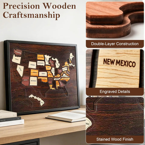 USA Travel Map Puzzle With 50 Removable State Pieces, Double Layer Engraved Wood Wall Art For Home Or Office displayed on desk