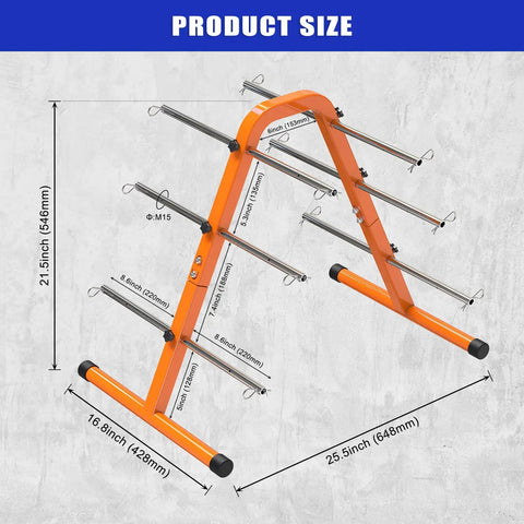 Diagram showing dimensions of No Sweat Portable Wire Spool Rack And Cable Dispenser with six adjustable steel rods.