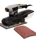 Heavy Duty Sheet Sander With A Large 9x4.5 Inch Base, 2.5 Amp Motor, 6000-12000 OPM, Six Stage Variable Speed Dial shown with sandpaper