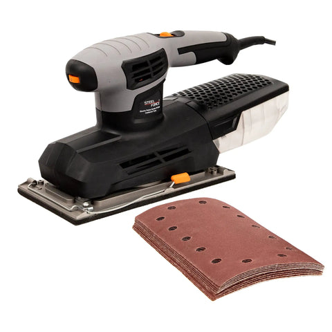 Heavy Duty Sheet Sander With A Large 9x4.5 Inch Base, 2.5 Amp Motor, 6000-12000 OPM, Six Stage Variable Speed Dial shown with sandpaper