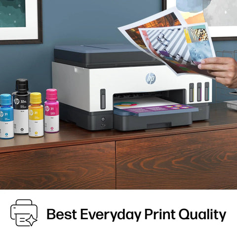 Smart Tank 7602 Wireless All In One Ink Tank Printer With Scanner And Copier, Cartridge Free Refillable, on wooden desk