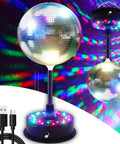 Six Inch Rotating Mirrors Disco Ball Light With Adjustable Five To Nine RPM Motor Base 24 RGB LED Mood Lights USB Or Battery Powered