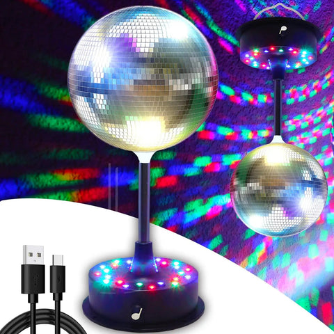 Six Inch Rotating Mirrors Disco Ball Light With Adjustable Five To Nine RPM Motor Base 24 RGB LED Mood Lights USB Or Battery Powered