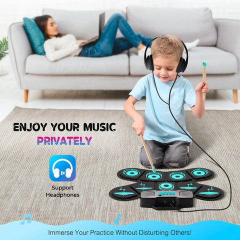 Child playing 9 Pad Electronic Drum Set With Dual Speakers Portable MIDI Practice Kit For Beginners in living room with headphones