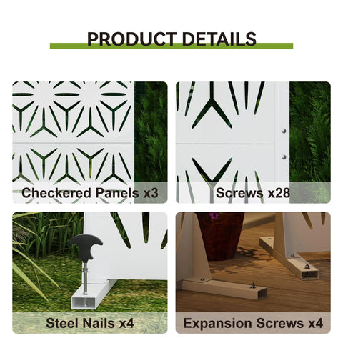 72 Inch Tall Metal Privacy Screen Three Panel Outdoor Freestanding Privacy Panel For Patio Backyard Deck With Anti Tipping Kit Weather Resistant Steel And Easy DIY Assembly Modern Geometric Design In White product details showing panels, screws, and hardware.