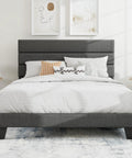 Full Platform Bed Frame With Upholstered Fabric Headboard In Grey Featuring Dense Foam Padding And Breathable Polyester For Super Comfy Nights and elegant white bedding.
