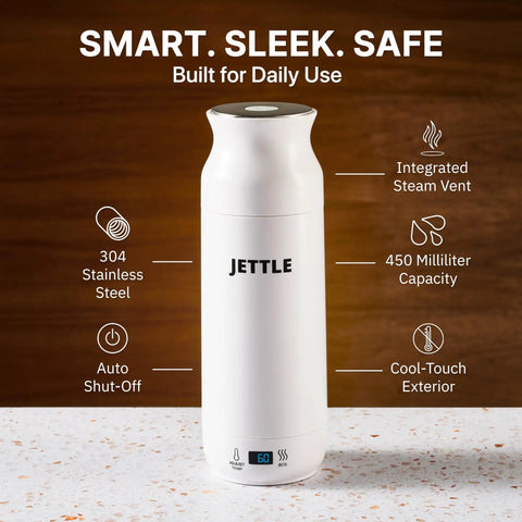 Travel Stainless Steel Electric Kettle 450ml With Temperature Control LED Auto Shutoff For Coffee Tea Milk Soup On The Go Fast 2 To 10 Minute Boiling 110V North America Portable Water Boiler, featuring 304 stainless steel design and cool-touch exterior.