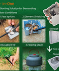 Survival Fire Starter Kit With Ferro Rod And Magnesium Fire Starter, Compact Stove, Flint And Steel for camping use shown