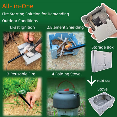 Survival Fire Starter Kit With Ferro Rod And Magnesium Fire Starter, Compact Stove, Flint And Steel for camping use shown
