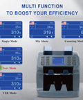 Bank Grade Money Counter And Sorter With Built In Printer Two Pocket Design For Mixed Denominations showing multiple function modes