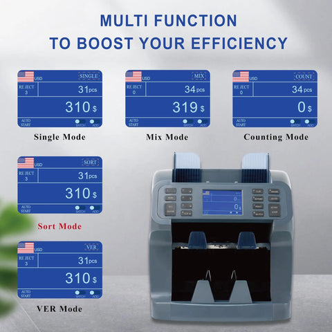 Bank Grade Money Counter And Sorter With Built In Printer Two Pocket Design For Mixed Denominations showing multiple function modes