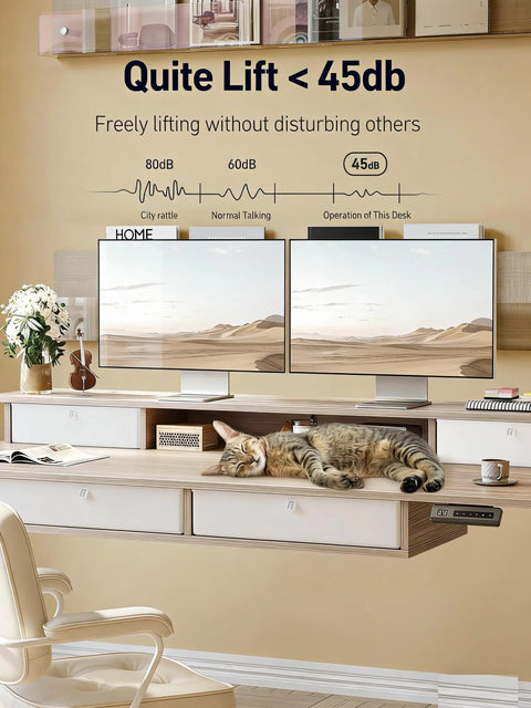 Light Rustic Brown Standing Electric Desk with Drawers, 55 X30 Inch Height Adjustable Sit Stand Workstation With Memory Presets For Home Office with cat.