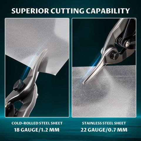 Close-up of Three-Piece 10-Inch Aviation Tin Snips Set showing cold-rolled and stainless steel cutting capability.