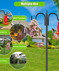 Two Pack 92 Inch Heavy Duty Shepherds Hook Garden Pole Set Three Quarter Inch Thick Outdoor Hanger For Bird Feeders, Hummingbird Feeders, Plant Baskets, Solar Lights And Lanterns displayed with various uses in garden setting.