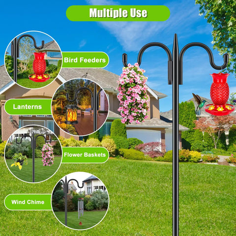 Two Pack 92 Inch Heavy Duty Shepherds Hook Garden Pole Set Three Quarter Inch Thick Outdoor Hanger For Bird Feeders, Hummingbird Feeders, Plant Baskets, Solar Lights And Lanterns displayed with various uses in garden setting.