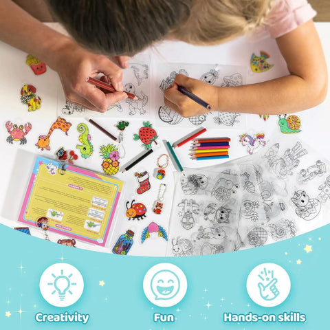 Shrink Art Sheets Kit For Kids With 75 Pre Cut Designs For Instant Fun Easy Coloring And Keychain Making Craft Set No Cutting Needed Diy Craft Project For Boys And Girls Creative Gift Idea, kids coloring shrink sheets and charms
