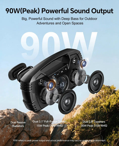Rugged Outdoor Bluetooth Speaker IPX7 Waterproof, 90W Peak Power, exposed internal components, showing speakers and radiators