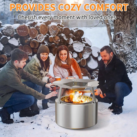 Group enjoying fire with Heat Deflector For Yukon 27 Inch Stove Premium 304 Stainless Steel Heat Diffuser in snow