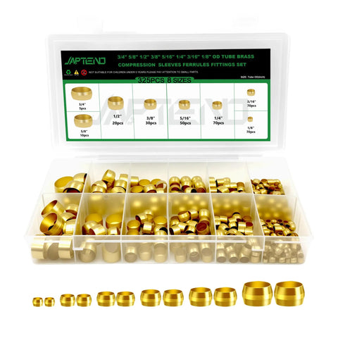Brass Compression Sleeves Ferrules Fittings 325Pcs Assortment Kit for Air Water Fuel Oil Gas Lines in storage case