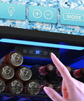 Hand adjusting digital temperature display on Beverage Fridge With Glass Door, 130 Can Mini Fridge And Wine And Beer Cooler