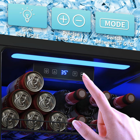 Hand adjusting digital temperature display on Beverage Fridge With Glass Door, 130 Can Mini Fridge And Wine And Beer Cooler