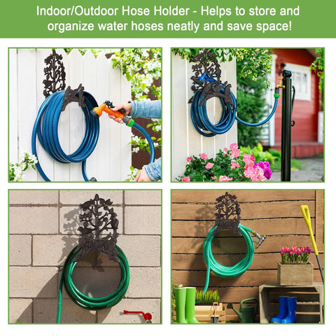 Cast Iron Garden Hose Holder Wall Mount For Outdoor Use Hose Hanger And Reel Storage Organizer Rack Keeps Hoses Neat And Off The Ground Heavy Duty Decorative Water Hose Storage For Garden Lawn Patio mounted on wall with green hose.