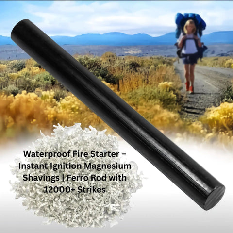 Emergency Fire Starter Kit With Pre Shaved Magnesium, 3.15 Inch Ferro Rod, shown with magnesium shavings and hiking background