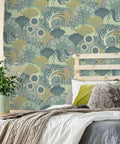 Green Floral Peel And Stick Wallpaper Vinyl Roll 17.7 Inch By 393.7 Inch Vintage Botanical Contact Paper in a cozy bedroom setting.
