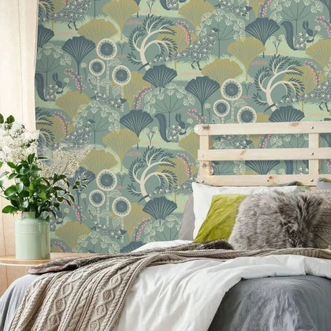 Green Floral Peel And Stick Wallpaper Vinyl Roll 17.7 Inch By 393.7 Inch Vintage Botanical Contact Paper in a cozy bedroom setting.