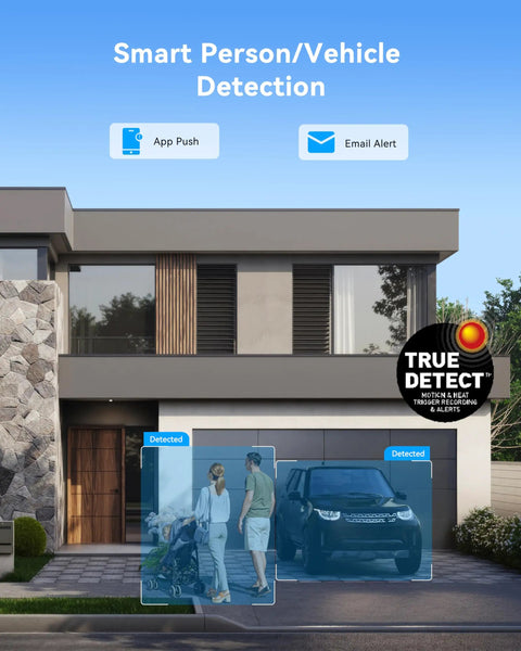 1080p Bullet Security Camera Add On With Night Vision And Motion Sensor monitoring house entrance with person and vehicle detection.